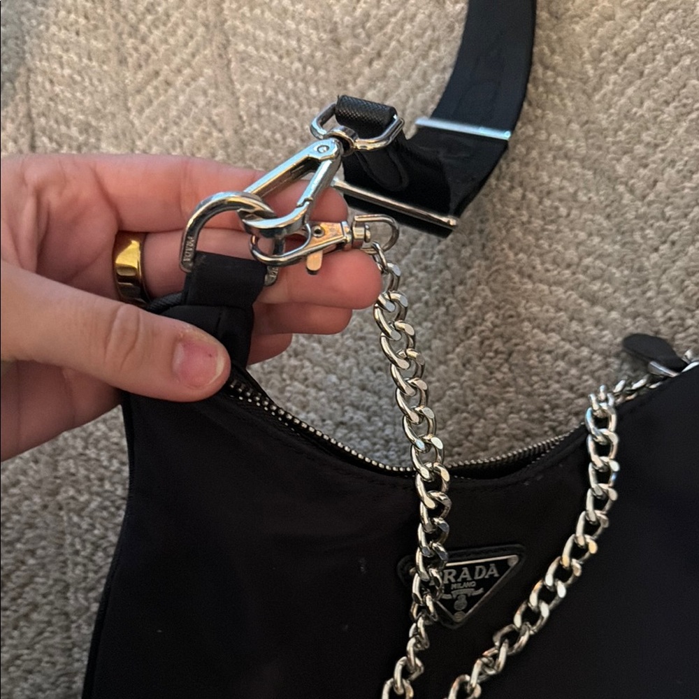 Prada Black Nylon Shoulder Bag with Chain and Detachable Strap - Picture 7 of 8